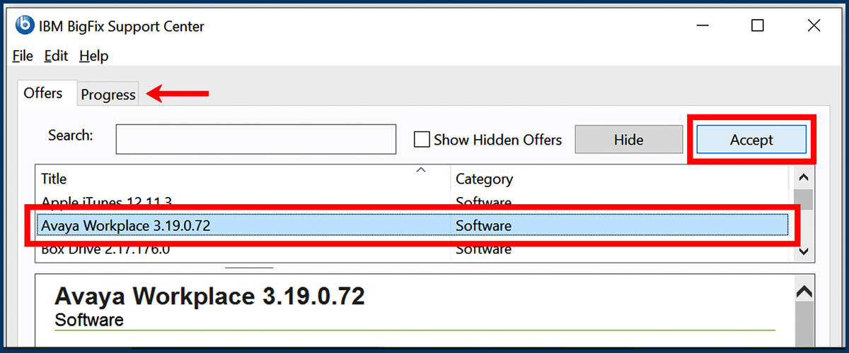 Screenshot of the BigFix Support Center Accept button for installing Avaya