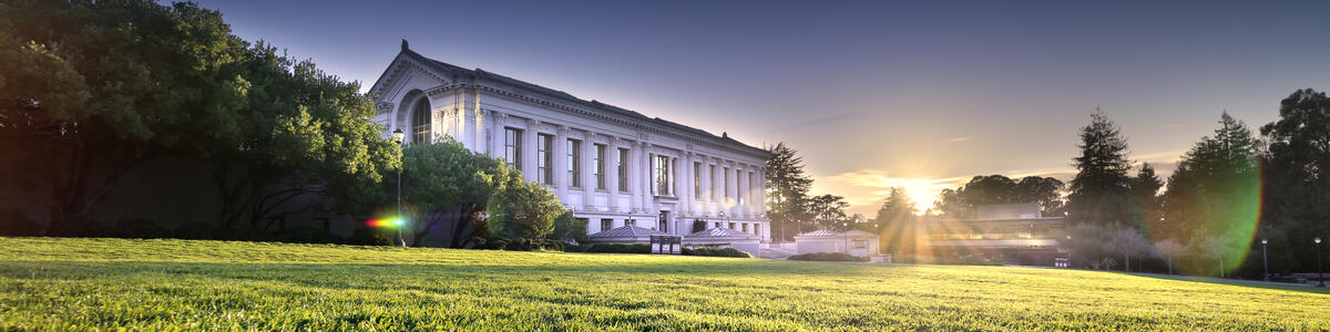 Decorative image of a sunset behind Doe Library and Memorial Glade
