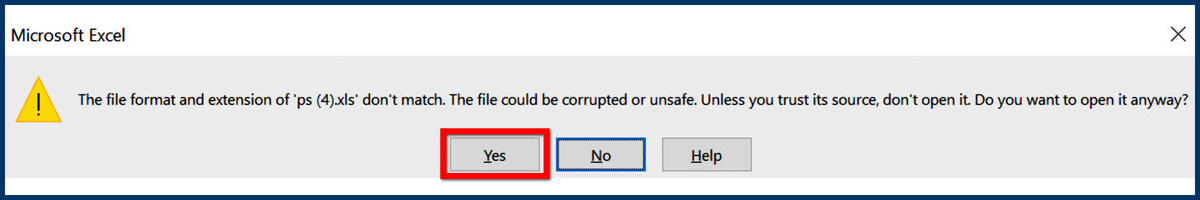 Screenshot of the OrgTool Download Excel Error message and Yes button