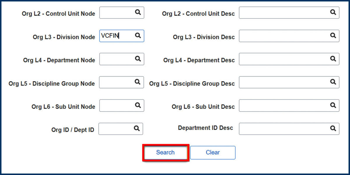 Screenshot of the OrgTree Search Criteria and Search button