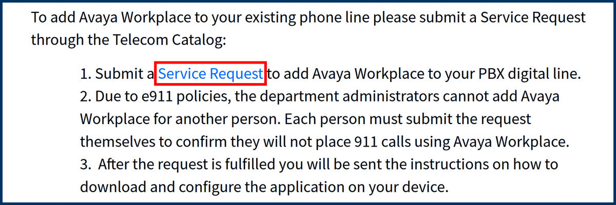 Screenshot of the Service Request link
