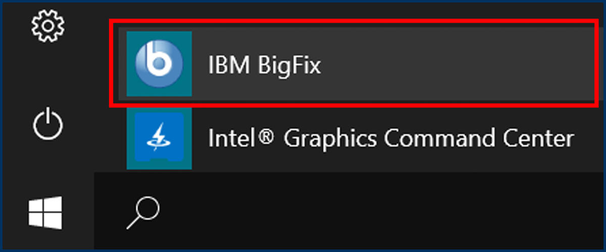 Screenshot of the Windows Start Menu and IBM BigFix application