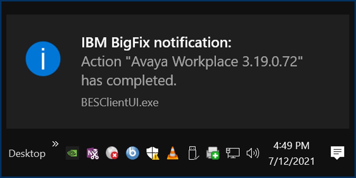 Screenshot of the Windows Notification showing Avaya installation has completed