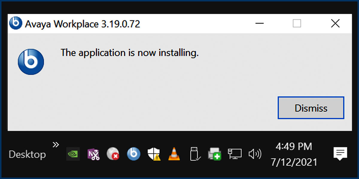 Screenshot of the Windows Notification showing Avaya is now installing