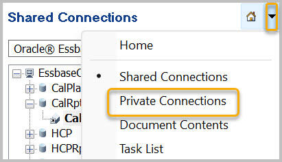 To the right of the Shared Connections menu is a dropdown menu for Home, with a dropdown for Private Connections. 