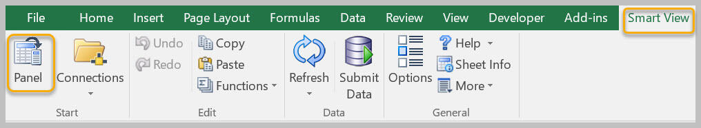 The Panel button is found on the far left of the Smart View ribbon. 