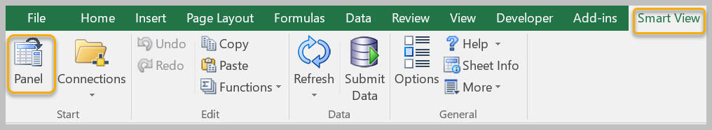 Panel Button. The Panel button is found on the far left of the Smart View ribbon.