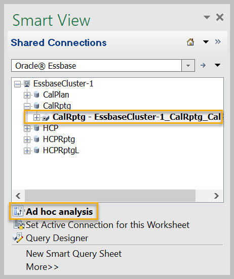 At the bottom of the Oracle Essbase menu shows a few options, with Ad hoc analysis at the top.