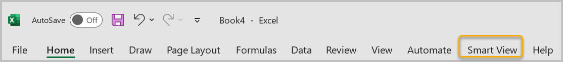 Excel top menu with Smart View located second from the far right. 